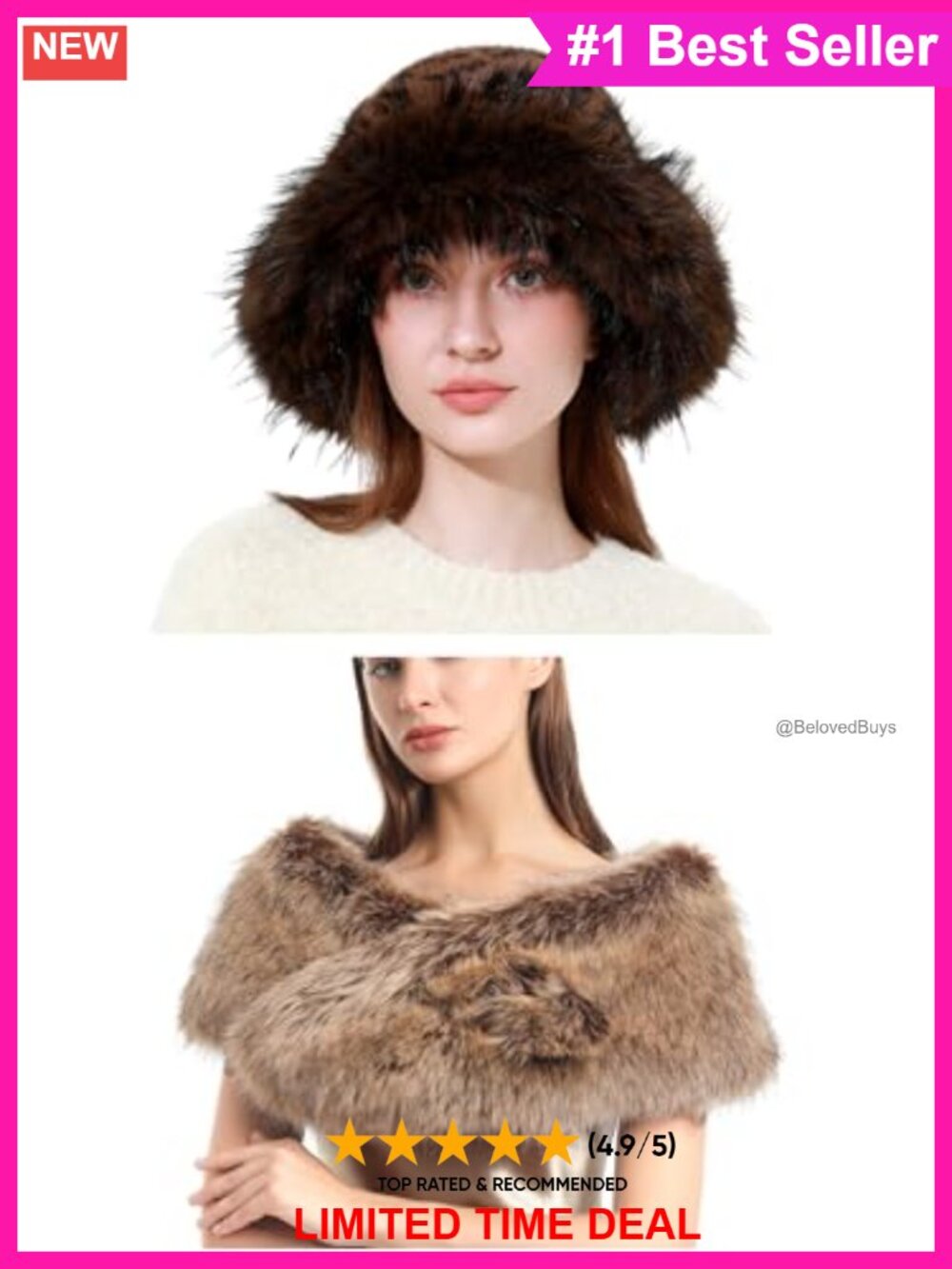 Faux Fur Bucket Hat & Collar Scarf 2 Piece Set Quilted Lined Warm Winter